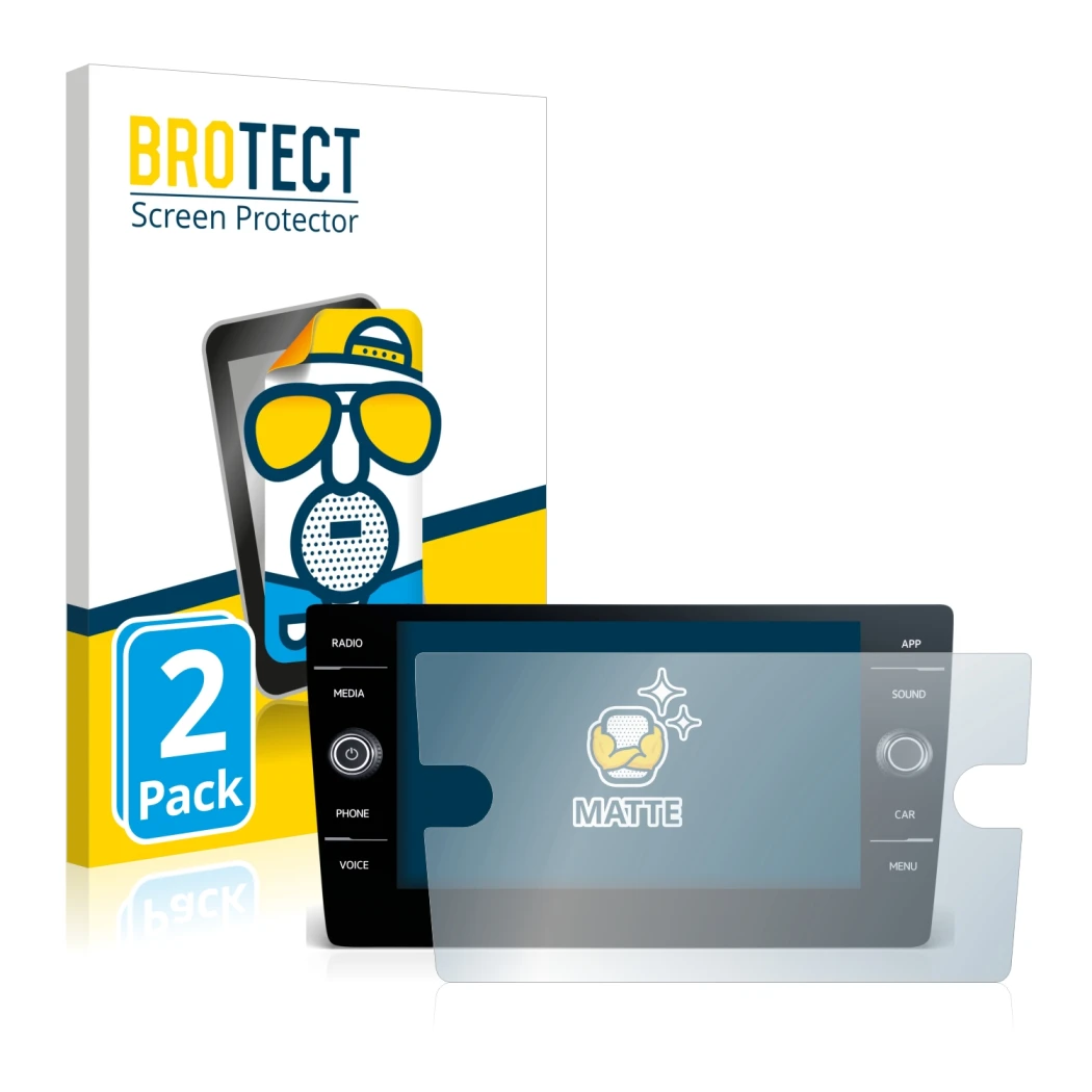 Parte frontal de un envase de producto con el logotipo de la marca BROTECT. Al lado se muestra el dispositivo Volkswagen Toura