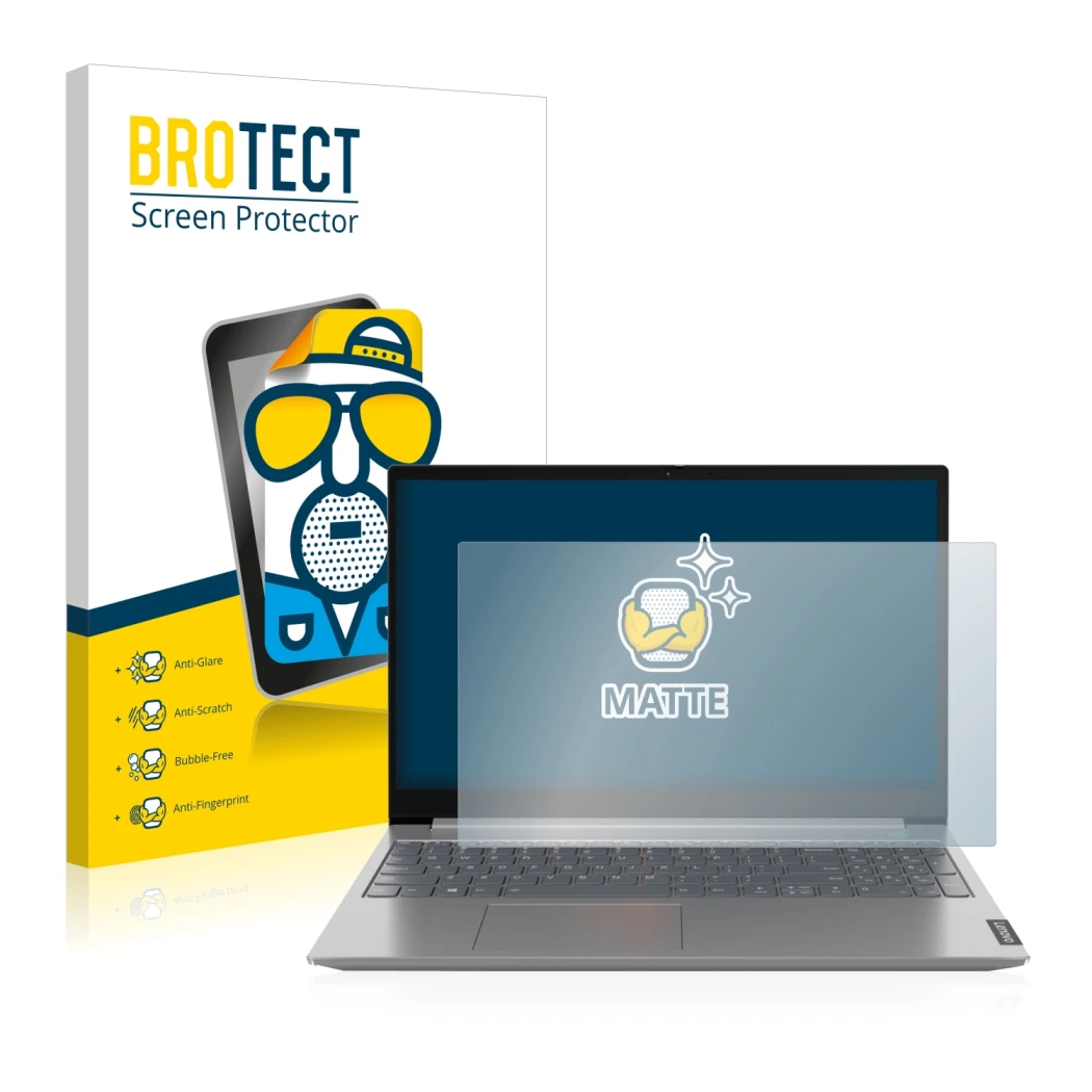 Parte frontal de un envase de producto con el logotipo de la marca BROTECT. Al lado se muestra el dispositivo Lenovo ThinkBook