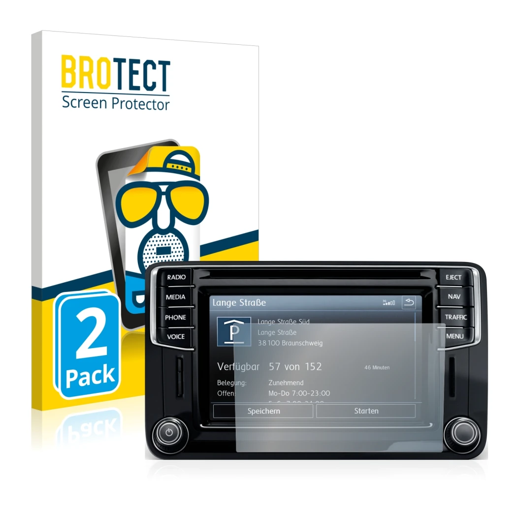 Parte frontal de un envase de producto con el logotipo de la marca BROTECT. Al lado se muestra el dispositivo Volkswagen Caddy