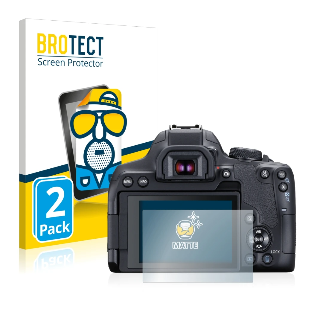 Parte frontal de un envase de producto con el logotipo de la marca BROTECT. Al lado se muestra el dispositivo Canon EOS 850D c