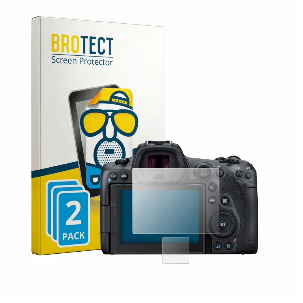 Parte frontal de un envase de producto con el logotipo de la marca BROTECT. Al lado se muestra el dispositivo Canon EOS R5 con