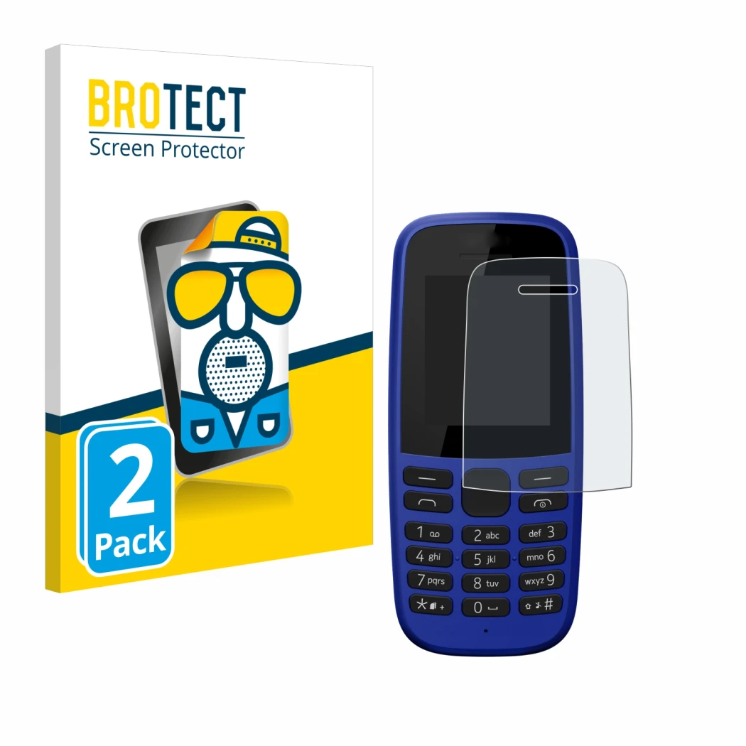 Parte frontal de un envase de producto con el logotipo de la marca BROTECT. Al lado se muestra el dispositivo Nokia 105 DS 201