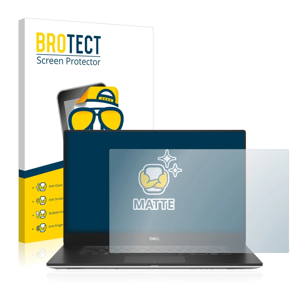 Parte frontal de un envase de producto con el logotipo de la marca BROTECT. Al lado se muestra el dispositivo Dell Precision 5