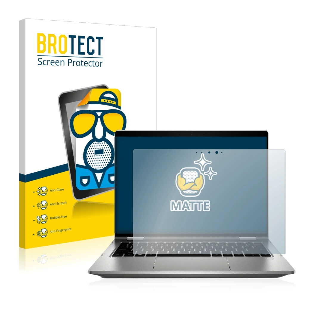 Parte frontal de un envase de producto con el logotipo de la marca BROTECT. Al lado se muestra el dispositivo HP ProBook x360
