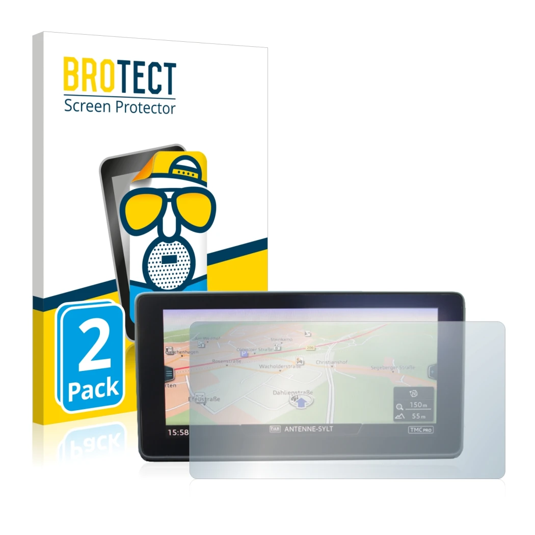 Parte frontal de un envase de producto con el logotipo de la marca BROTECT. Al lado se muestra el dispositivo Audi A5 F5 2015 