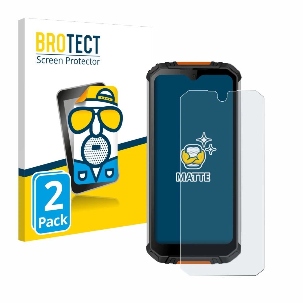Parte frontal de un envase de producto con el logotipo de la marca BROTECT. Al lado se muestra el dispositivo Oukitel WP6 con
