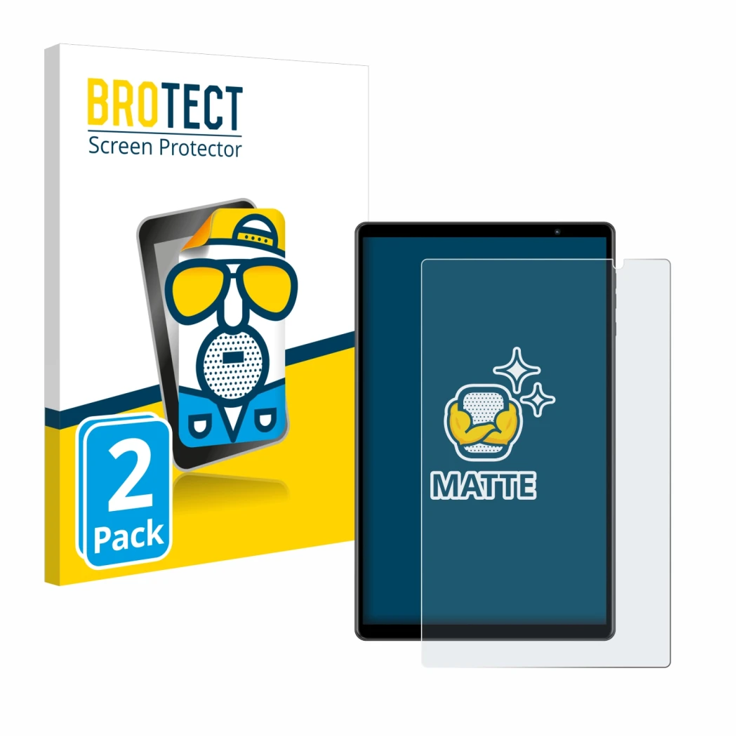 Parte frontal de un envase de producto con el logotipo de la marca BROTECT. Al lado se muestra el dispositivo Teclast P10S con