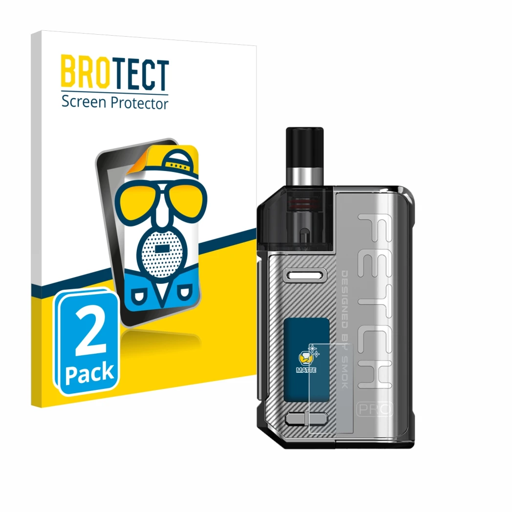 Parte frontal de un envase de producto con el logotipo de la marca BROTECT. Al lado se muestra el dispositivo Smok Fetch 80W P