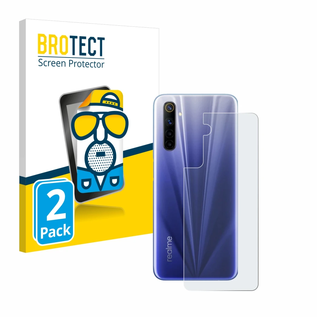 Parte frontal de un envase de producto con el logotipo de la marca BROTECT. Al lado se muestra el dispositivo realme 6 (Traser