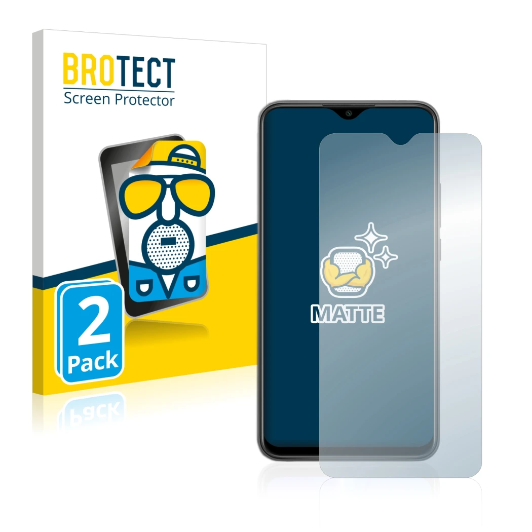 Parte frontal de un envase de producto con el logotipo de la marca BROTECT. Al lado se muestra el dispositivo Xiaomi Redmi 9 c