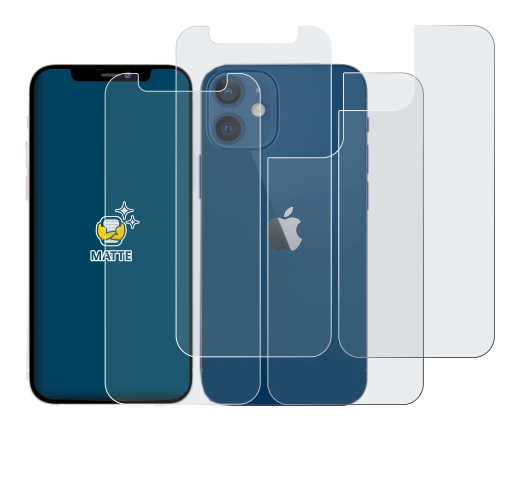 Imagen del dispositivo Apple iPhone 12 mini (Frontal+Trasero) con una amplia variedad de protectores de pantalla.