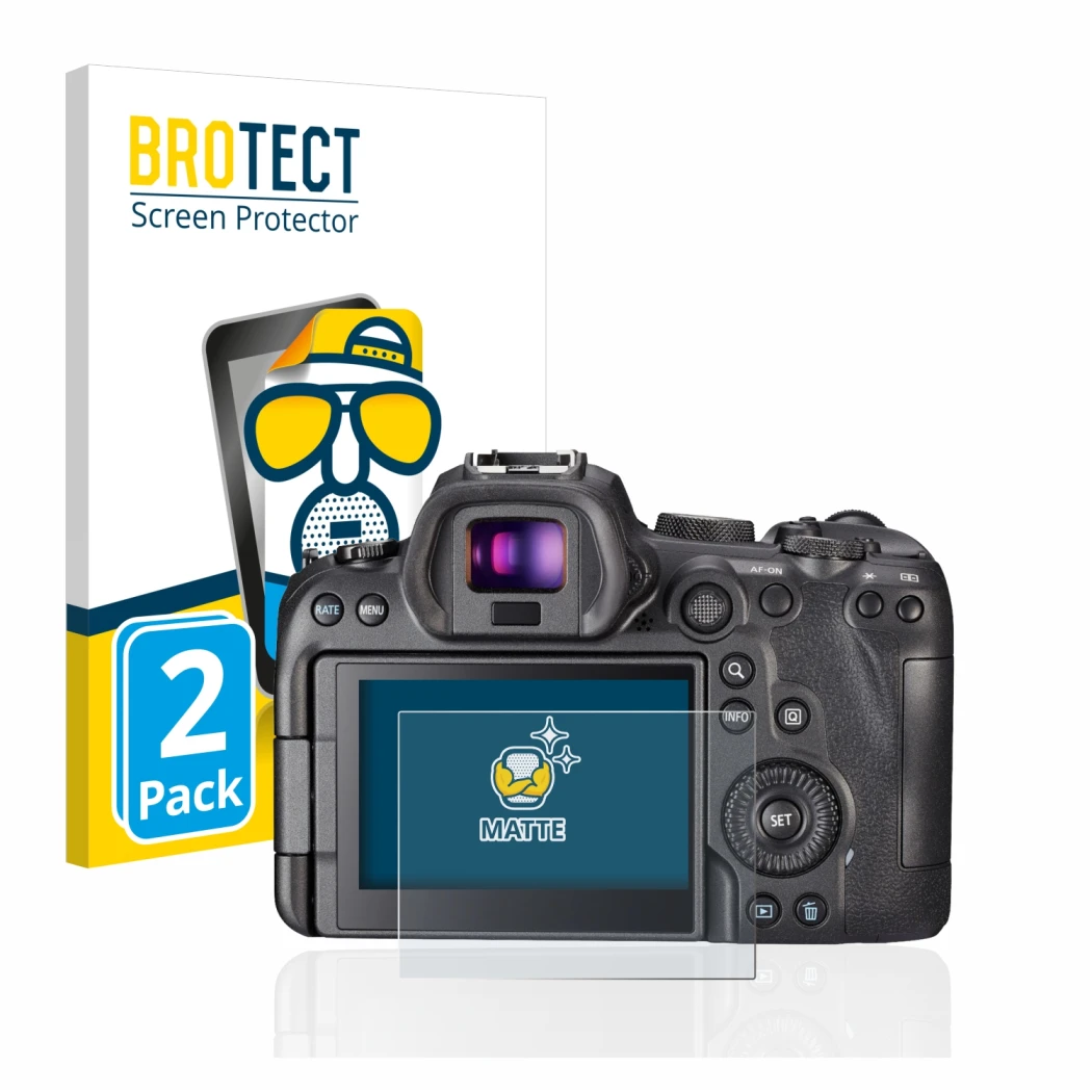 Parte frontal de un envase de producto con el logotipo de la marca BROTECT. Al lado se muestra el dispositivo Canon EOS R6 con