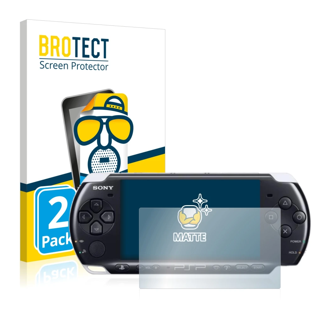 Parte frontal de un envase de producto con el logotipo de la marca BROTECT. Al lado se muestra el dispositivo Sony PSP 3003 co