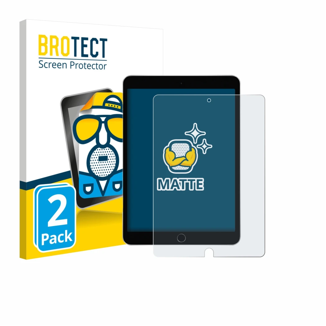 Parte frontal de un envase de producto con el logotipo de la marca BROTECT. Al lado se muestra el dispositivo Apple iPad 10.2