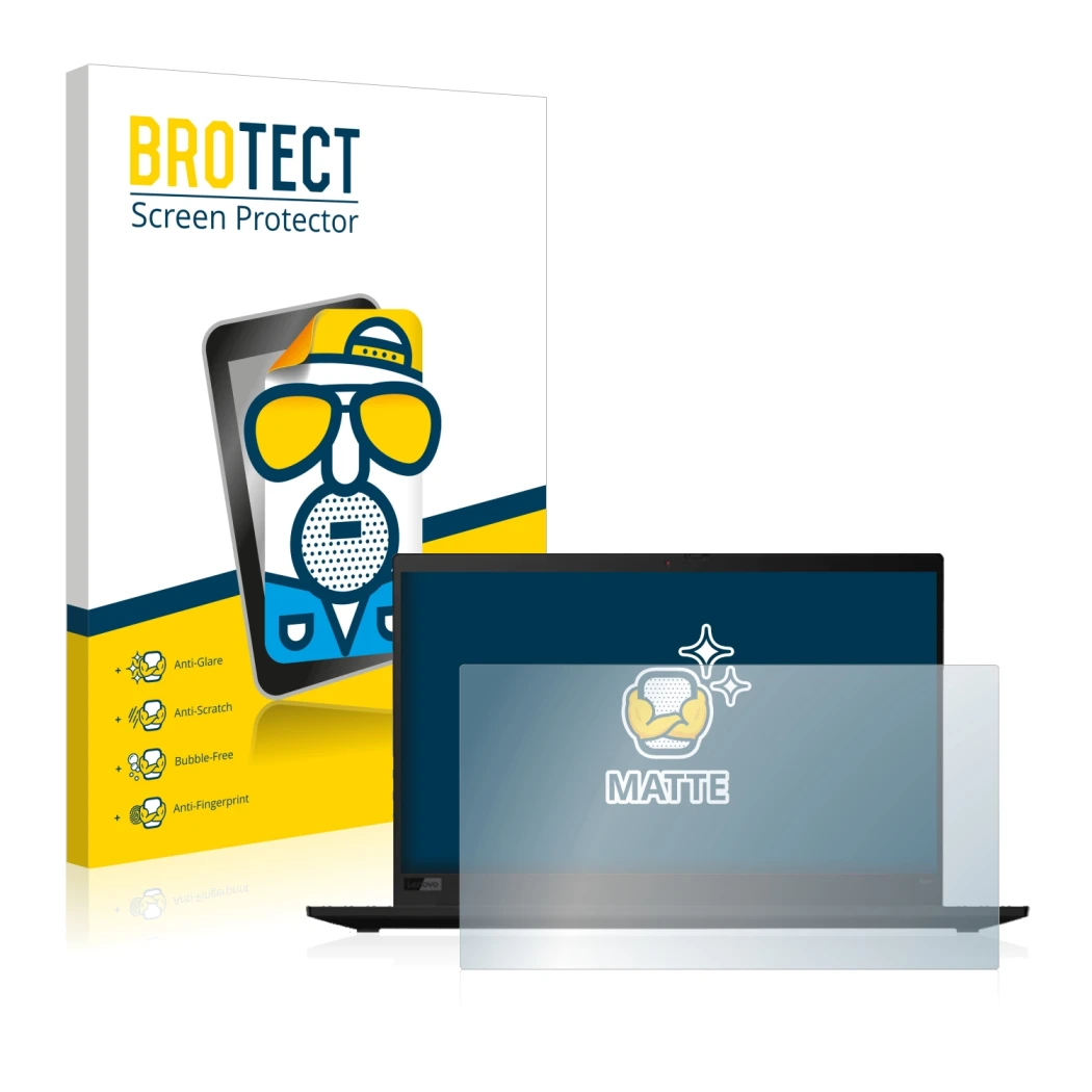 Parte frontal de un envase de producto con el logotipo de la marca BROTECT. Al lado se muestra el dispositivo Lenovo ThinkPad 