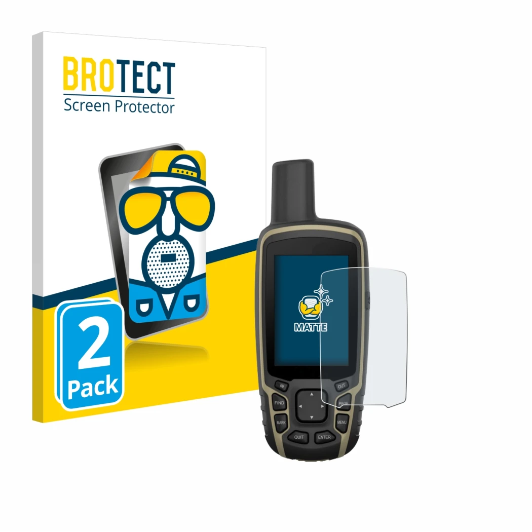 Parte frontal de un envase de producto con el logotipo de la marca BROTECT. Al lado se muestra el dispositivo Garmin GPSMAP 65