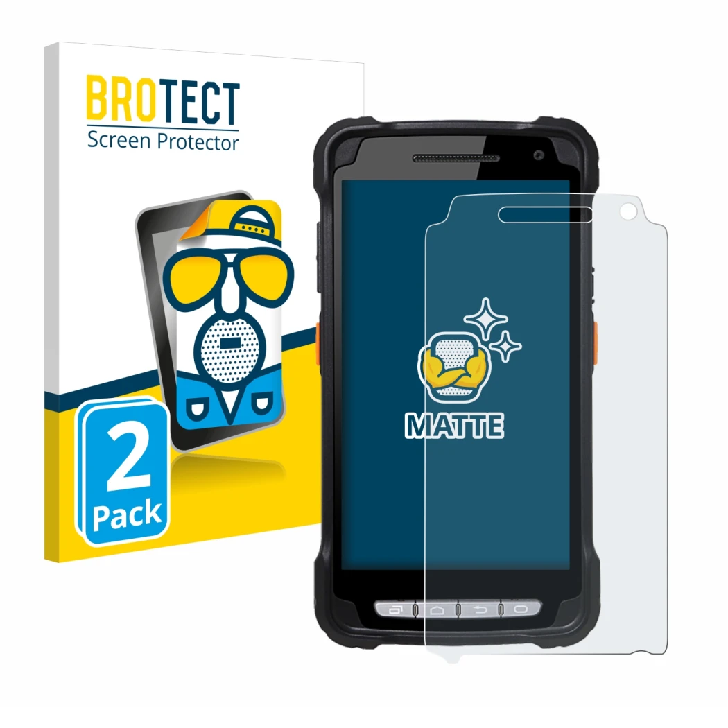 Parte frontal de un envase de producto con el logotipo de la marca BROTECT. Al lado se muestra el dispositivo Point Mobile PM9