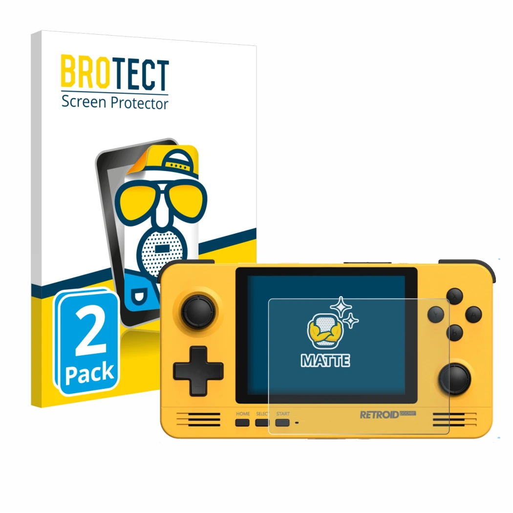 Parte frontal de un envase de producto con el logotipo de la marca BROTECT. Al lado se muestra el dispositivo Retroid Pocket 2