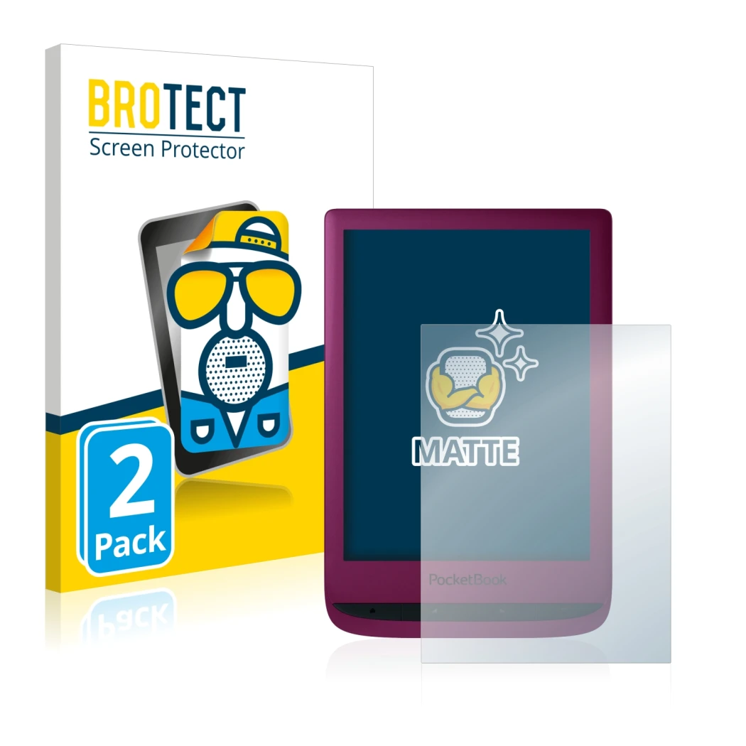 Parte frontal de un envase de producto con el logotipo de la marca BROTECT. Al lado se muestra el dispositivo PocketBook Touch