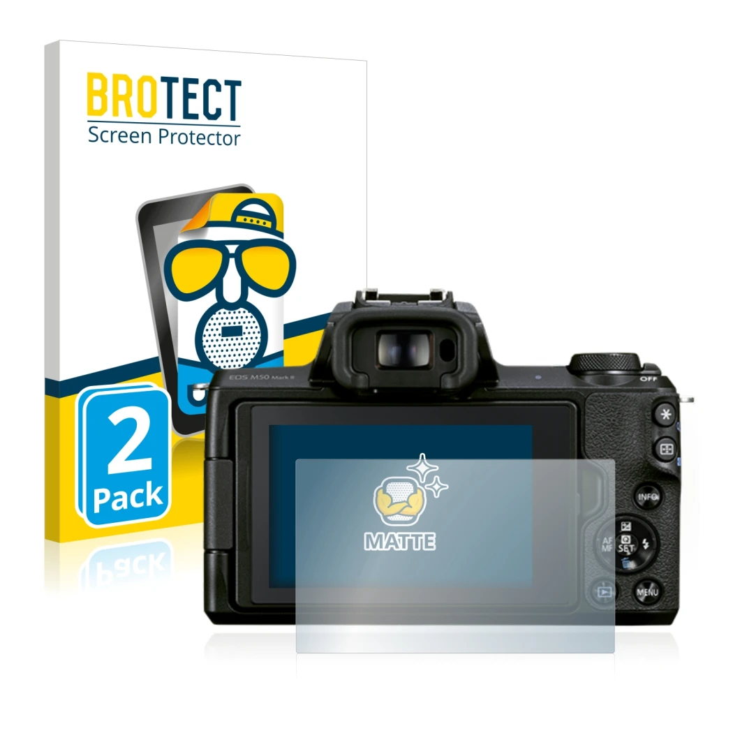 Parte frontal de un envase de producto con el logotipo de la marca BROTECT. Al lado se muestra el dispositivo Canon EOS M50 Ma
