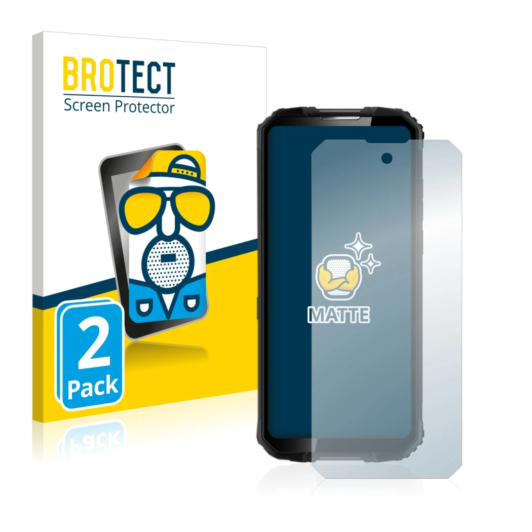Parte frontal de un envase de producto con el logotipo de la marca BROTECT. Al lado se muestra el dispositivo Oukitel WP10 5G