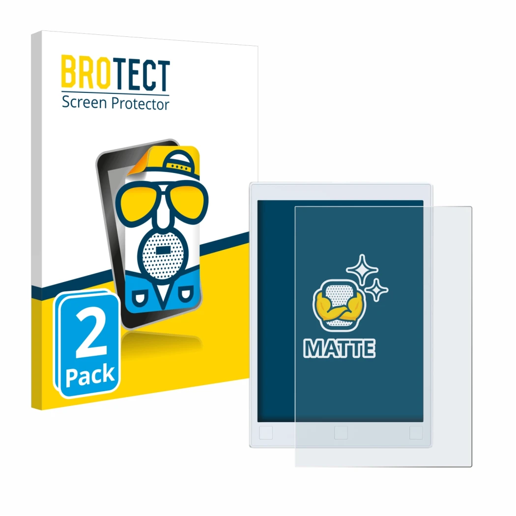 Parte frontal de un envase de producto con el logotipo de la marca BROTECT. Al lado se muestra el dispositivo reMarkable 2 con