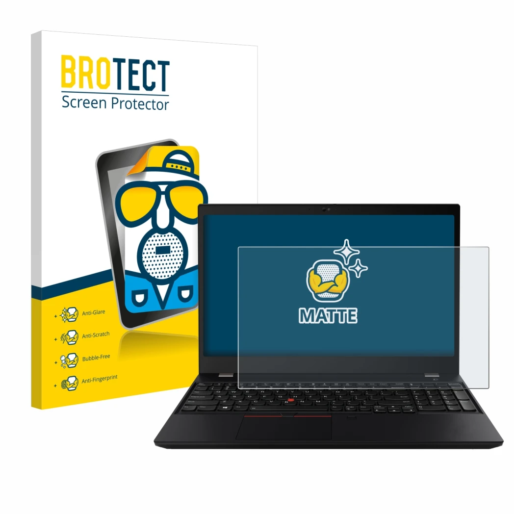 Parte frontal de un envase de producto con el logotipo de la marca BROTECT. Al lado se muestra el dispositivo Lenovo ThinkPad