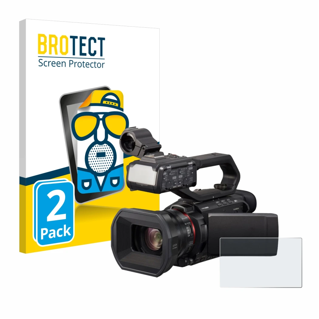 Parte frontal de un envase de producto con el logotipo de la marca BROTECT. Al lado se muestra el dispositivo Panasonic HC-X20