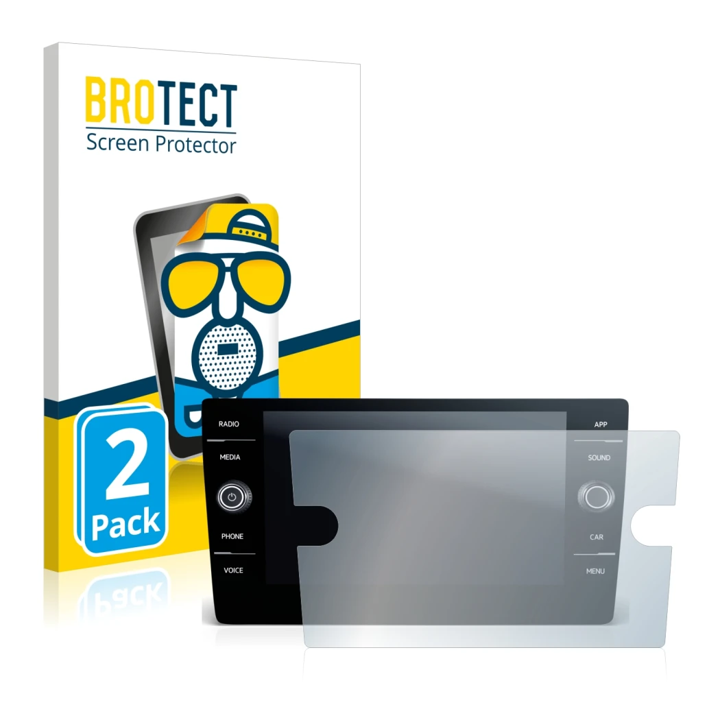 Parte frontal de un envase de producto con el logotipo de la marca BROTECT. Al lado se muestra el dispositivo Volkswagen T-Roc