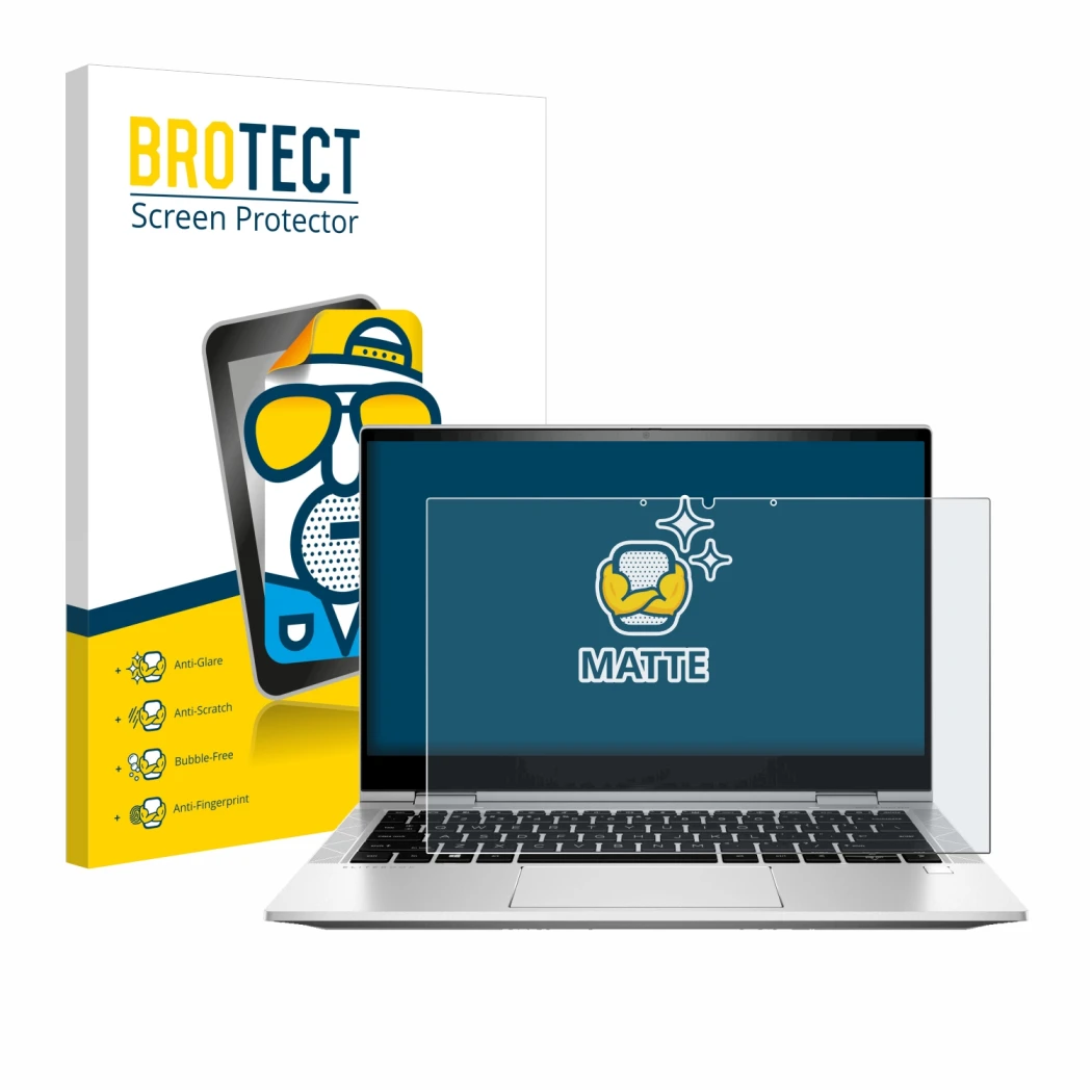 Parte frontal de un envase de producto con el logotipo de la marca BROTECT. Al lado se muestra el dispositivo HP EliteBook x36