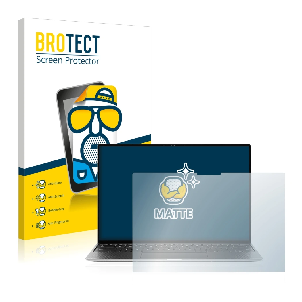Parte frontal de un envase de producto con el logotipo de la marca BROTECT. Al lado se muestra el dispositivo Dell XPS 13 9310