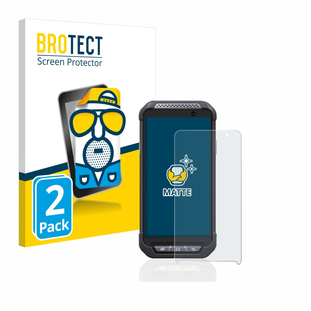 Parte frontal de un envase de producto con el logotipo de la marca BROTECT. Al lado se muestra el dispositivo Point Mobile PM8