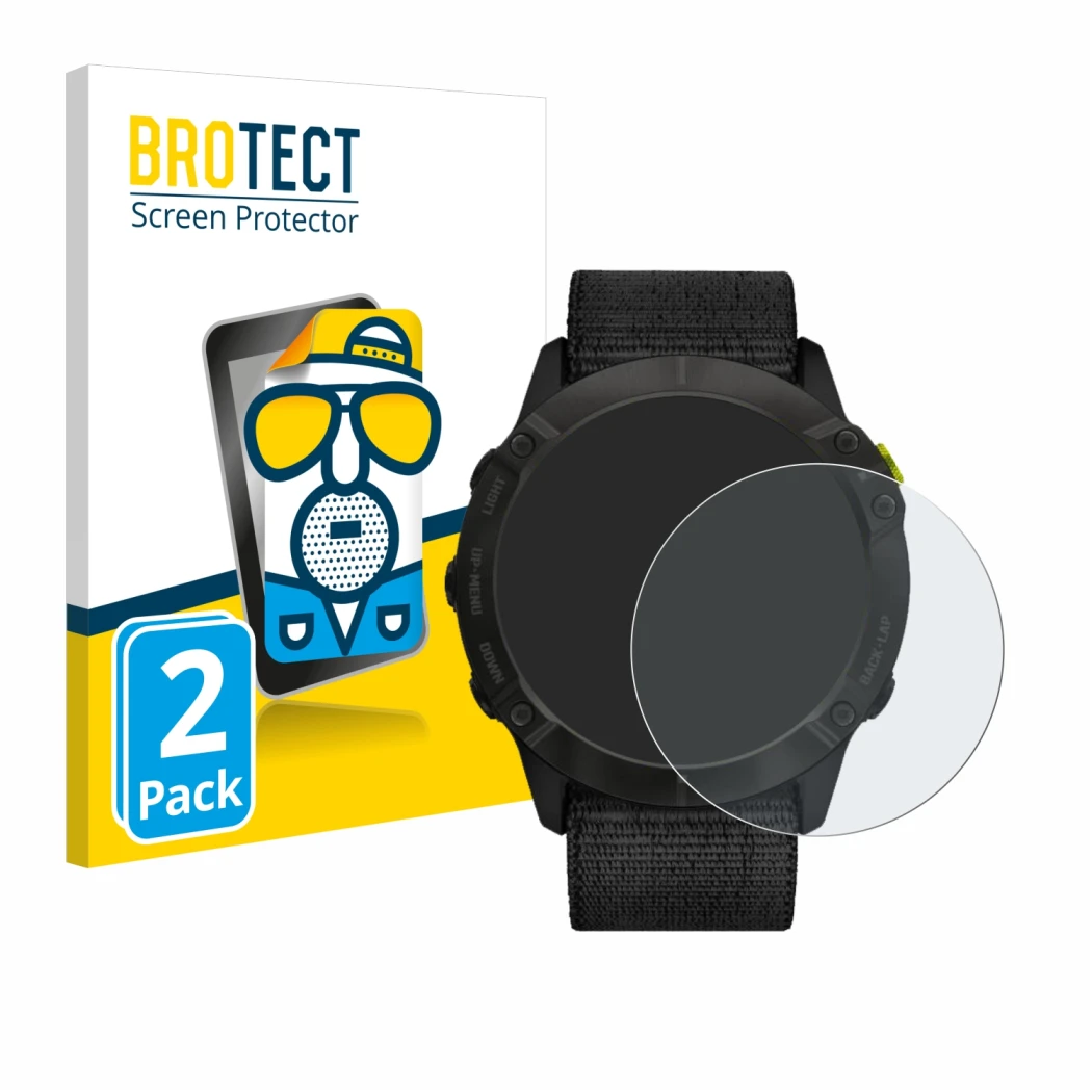 Parte frontal de un envase de producto con el logotipo de la marca BROTECT. Al lado se muestra el dispositivo Garmin Enduro co