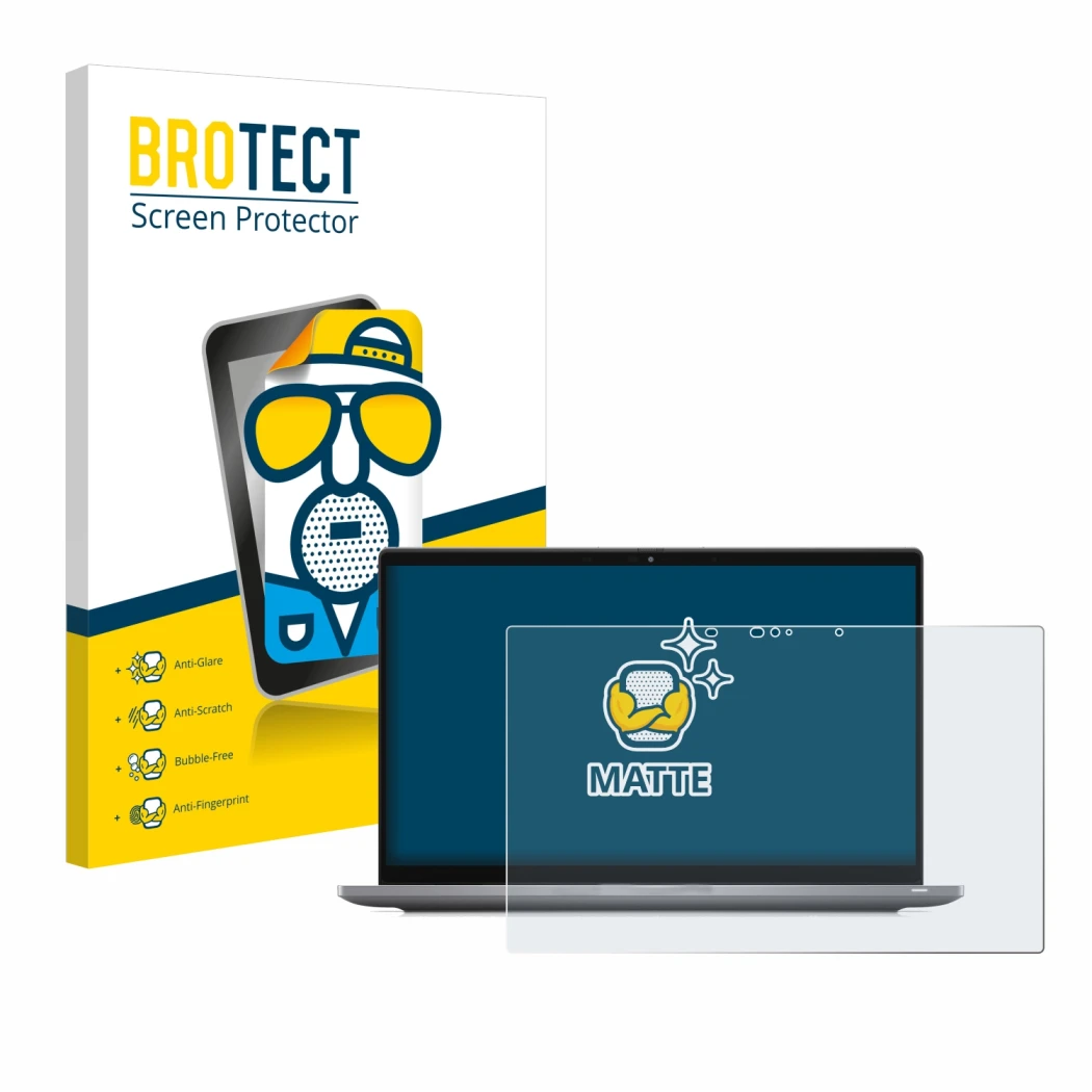 Parte frontal de un envase de producto con el logotipo de la marca BROTECT. Al lado se muestra el dispositivo Dell Latitude 74