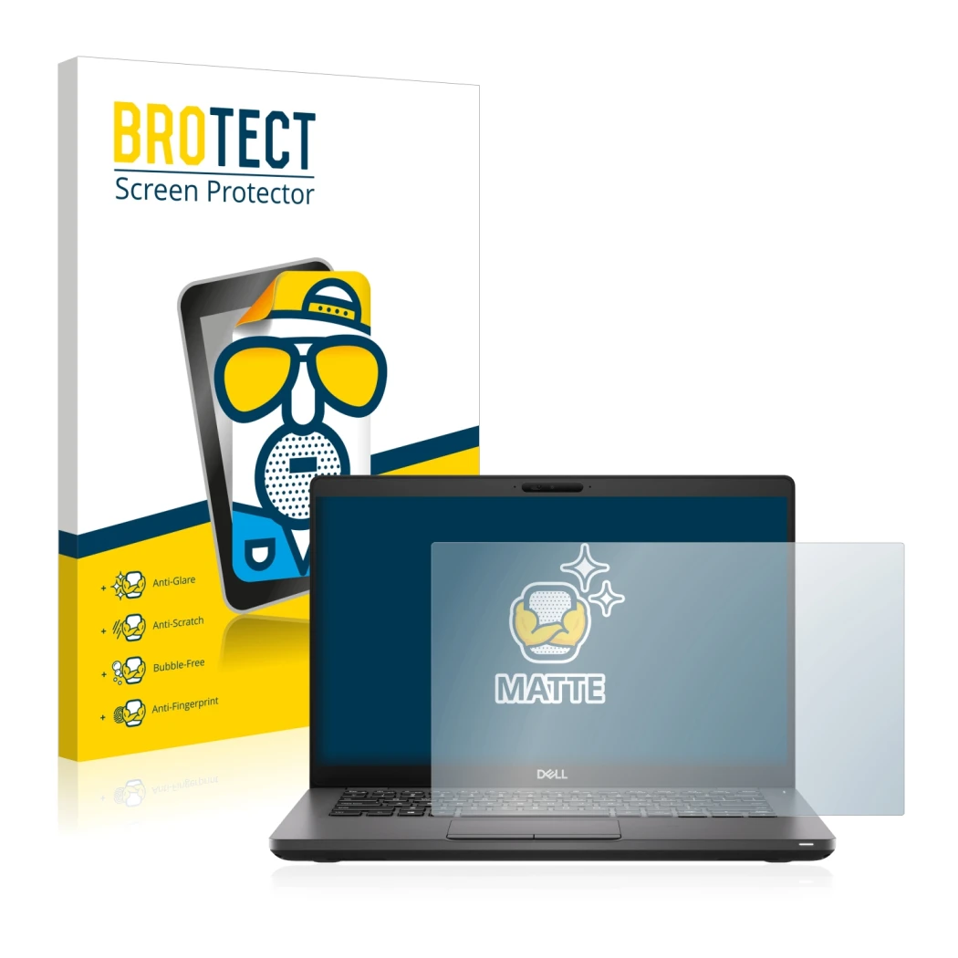 Parte frontal de un envase de producto con el logotipo de la marca BROTECT. Al lado se muestra el dispositivo Dell Latitude 54