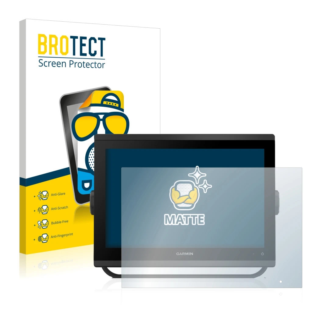 Parte frontal de un envase de producto con el logotipo de la marca BROTECT. Al lado se muestra el dispositivo Garmin GPSMAP 12