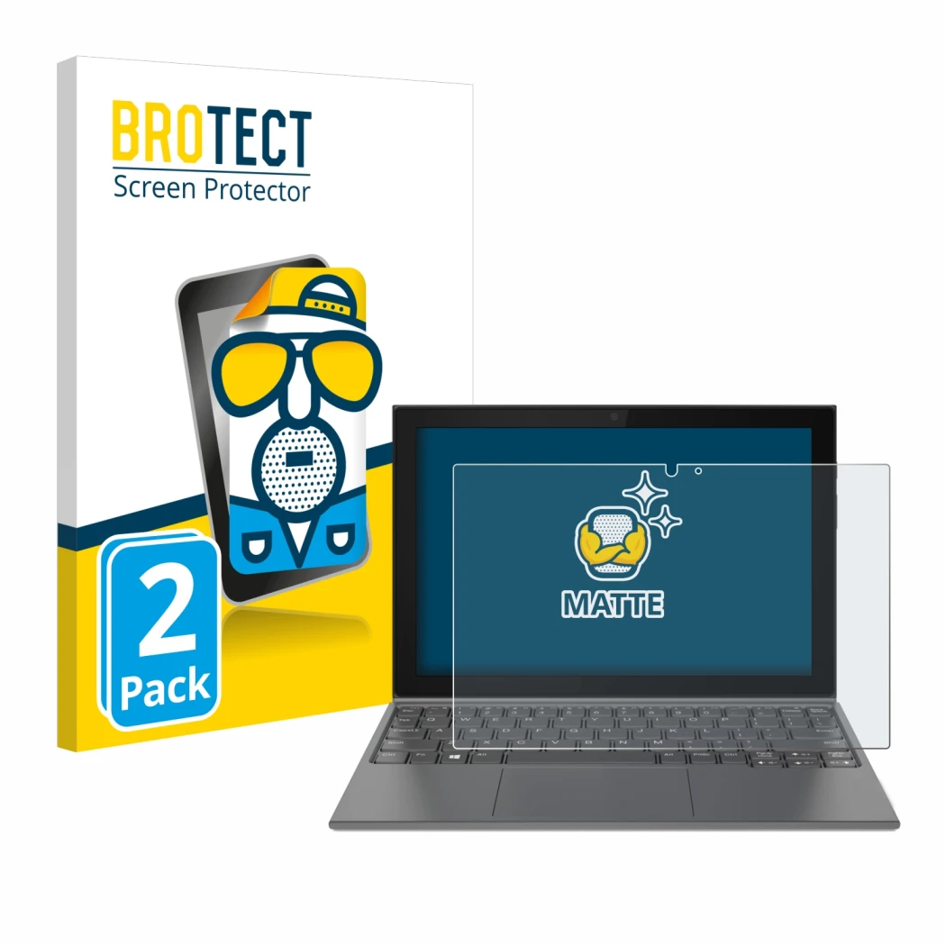 Parte frontal de un envase de producto con el logotipo de la marca BROTECT. Al lado se muestra el dispositivo Lenovo IdeaPad D