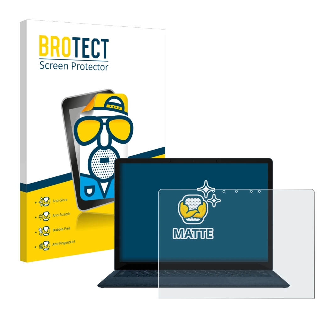 Parte frontal de un envase de producto con el logotipo de la marca BROTECT. Al lado se muestra el dispositivo Microsoft Surfac