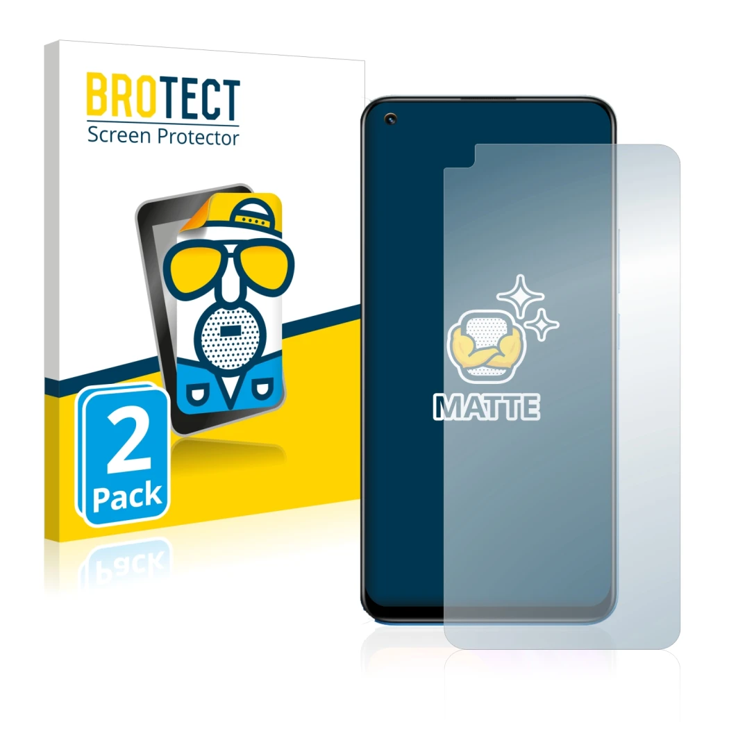Parte frontal de un envase de producto con el logotipo de la marca BROTECT. Al lado se muestra el dispositivo realme 8 Pro con