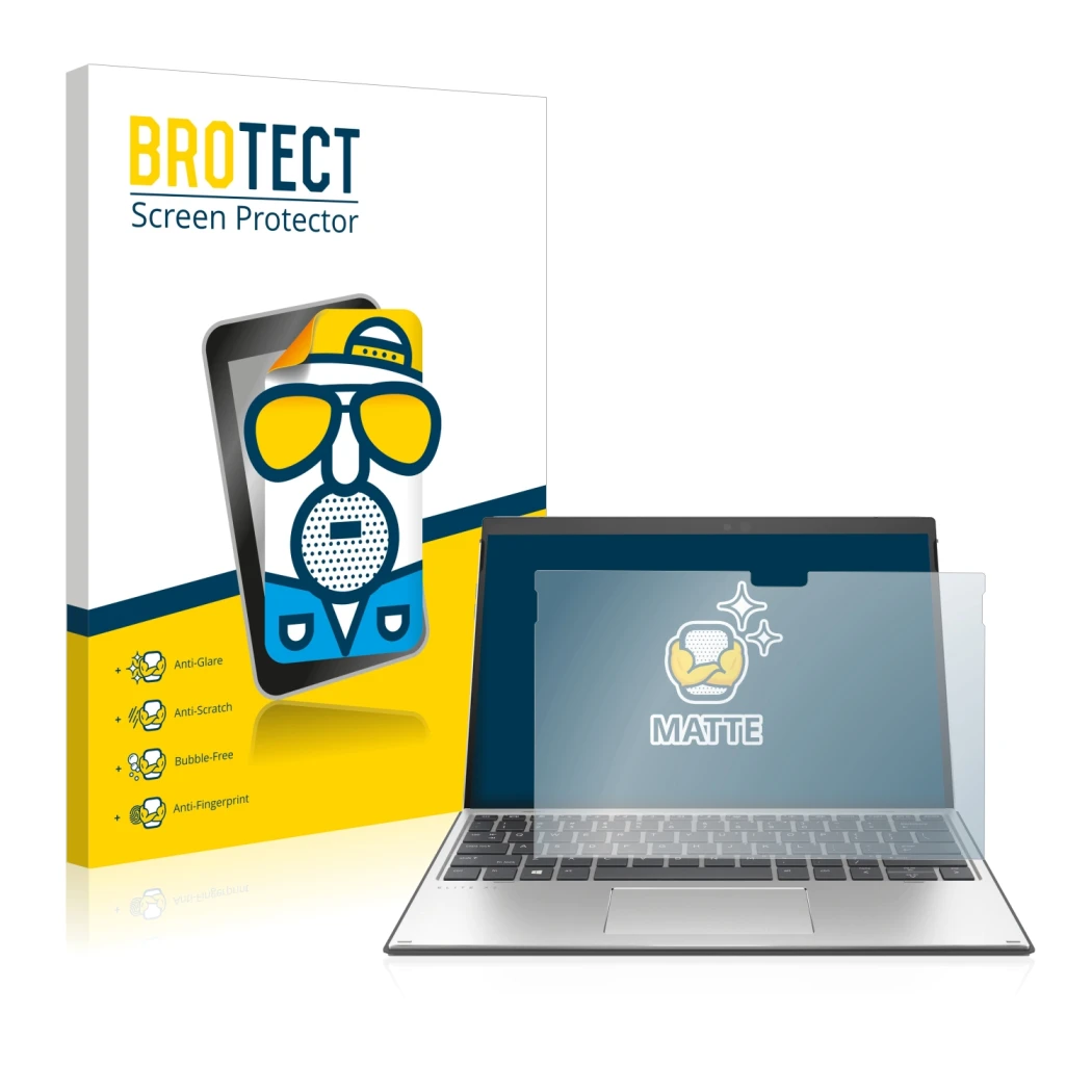 Parte frontal de un envase de producto con el logotipo de la marca BROTECT. Al lado se muestra el dispositivo HP Elite x2 G8 c