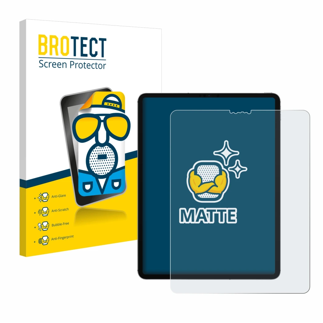 Parte frontal de un envase de producto con el logotipo de la marca BROTECT. Al lado se muestra el dispositivo Apple iPad Pro 1