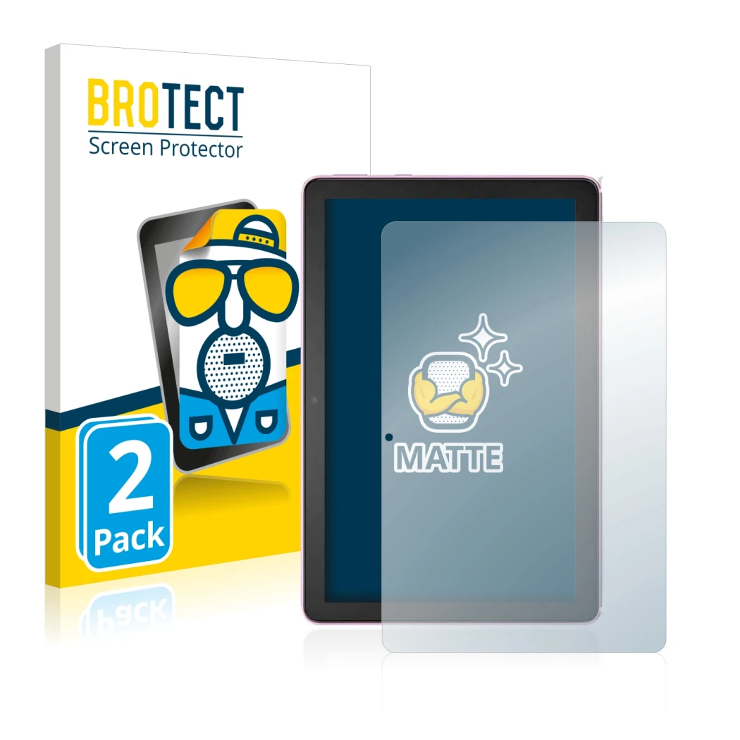 Parte frontal de un envase de producto con el logotipo de la marca BROTECT. Al lado se muestra el dispositivo Amazon Fire HD 1