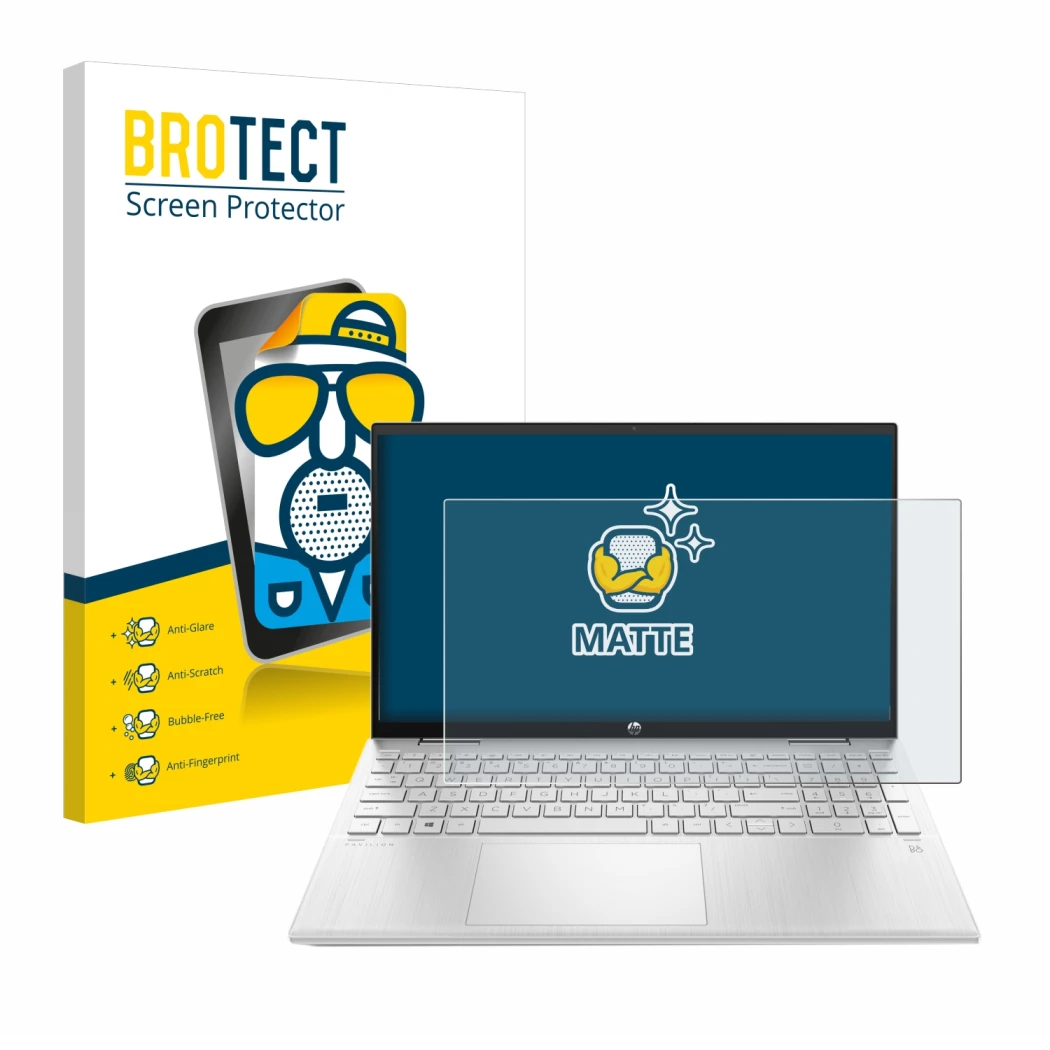 Parte frontal de un envase de producto con el logotipo de la marca BROTECT. Al lado se muestra el dispositivo HP ProBook 440 G