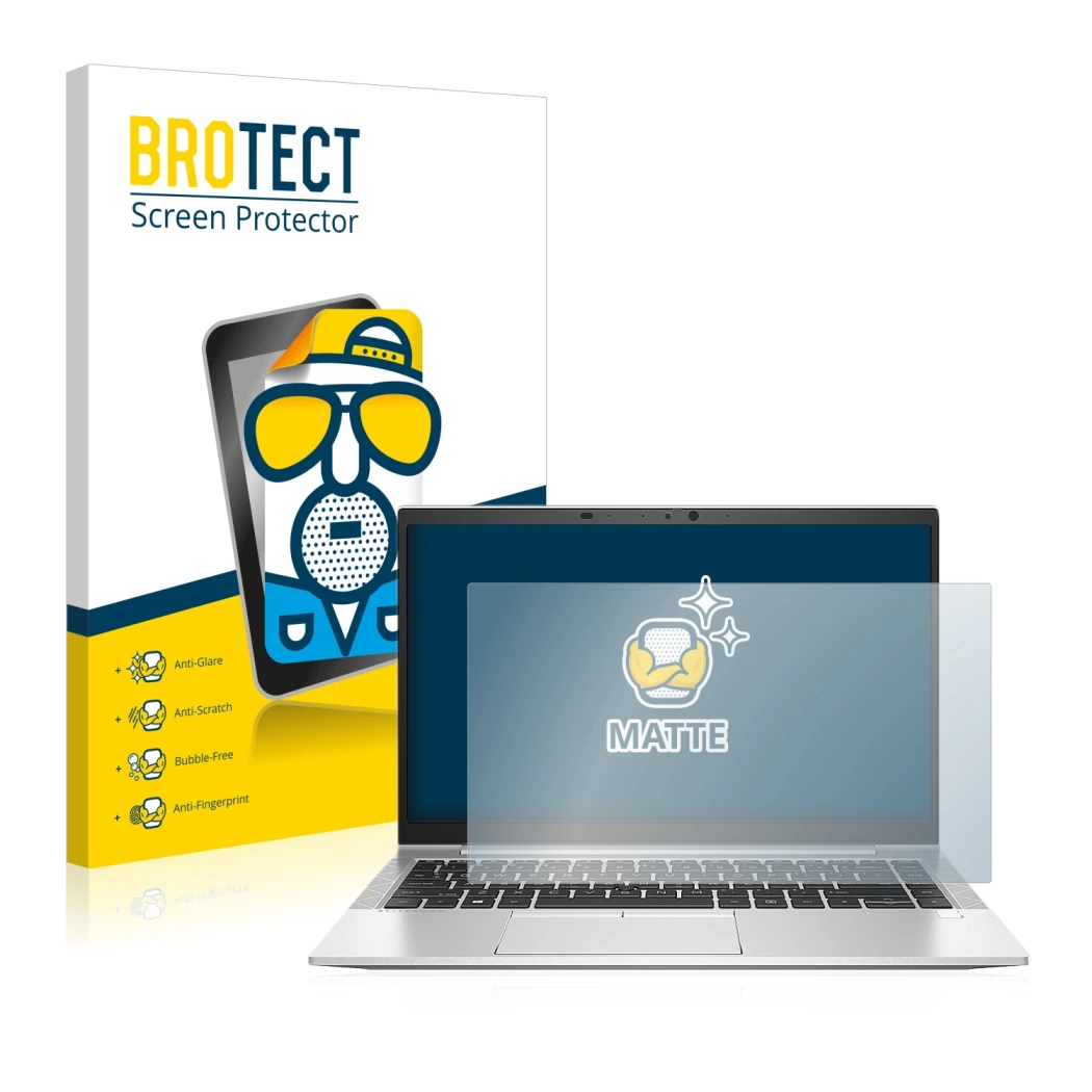 Parte frontal de un envase de producto con el logotipo de la marca BROTECT. Al lado se muestra el dispositivo HP EliteBook 840