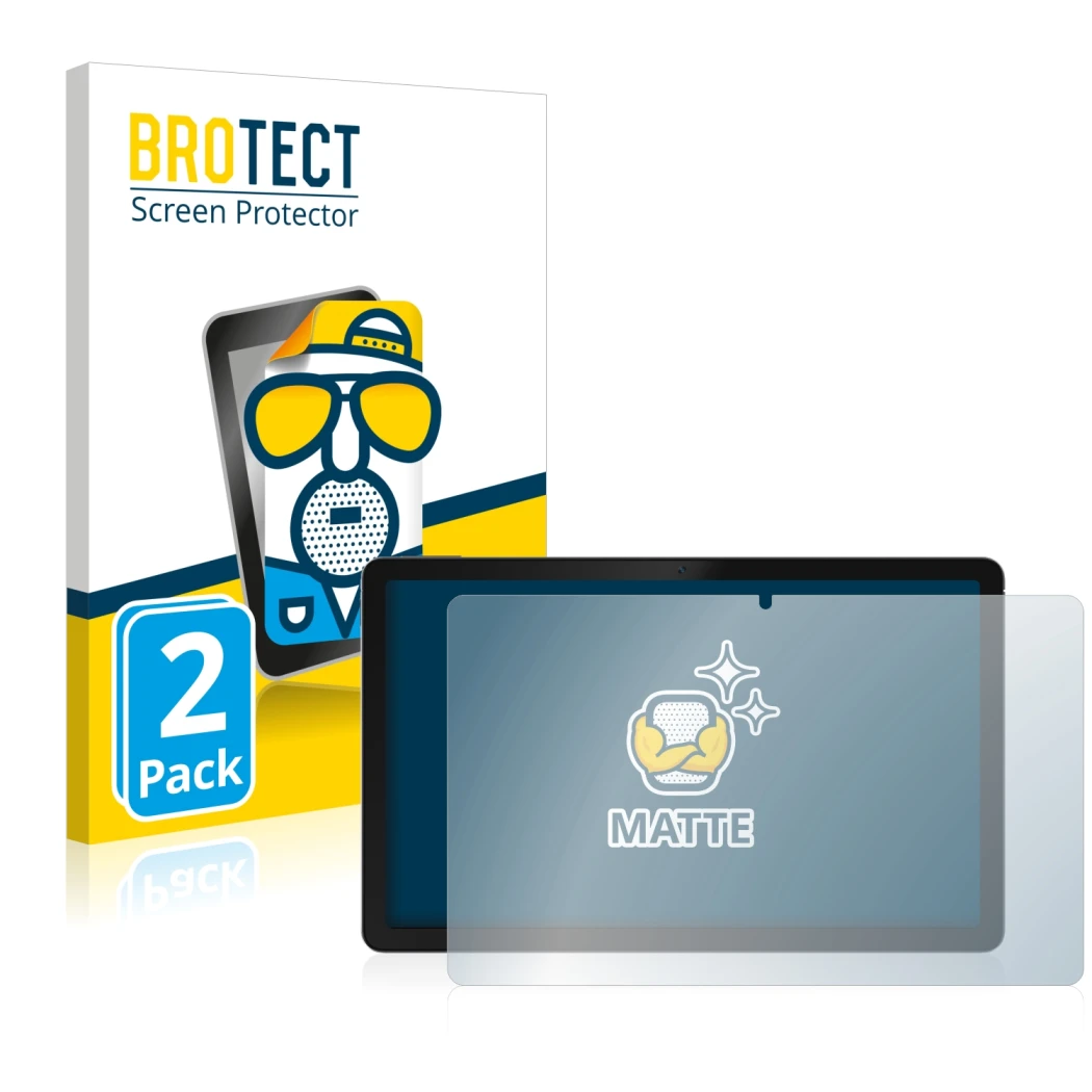 Parte frontal de un envase de producto con el logotipo de la marca BROTECT. Al lado se muestra el dispositivo realme Pad con s