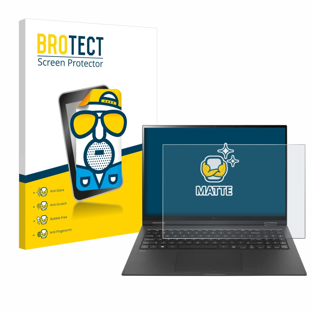 Parte frontal de un envase de producto con el logotipo de la marca BROTECT. Al lado se muestra el dispositivo LG gram 16'' 2-i