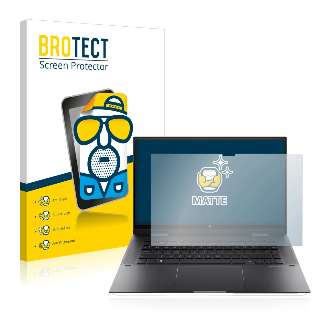 Parte frontal de un envase de producto con el logotipo de la marca BROTECT. Al lado se muestra el dispositivo HP Envy x360 (15