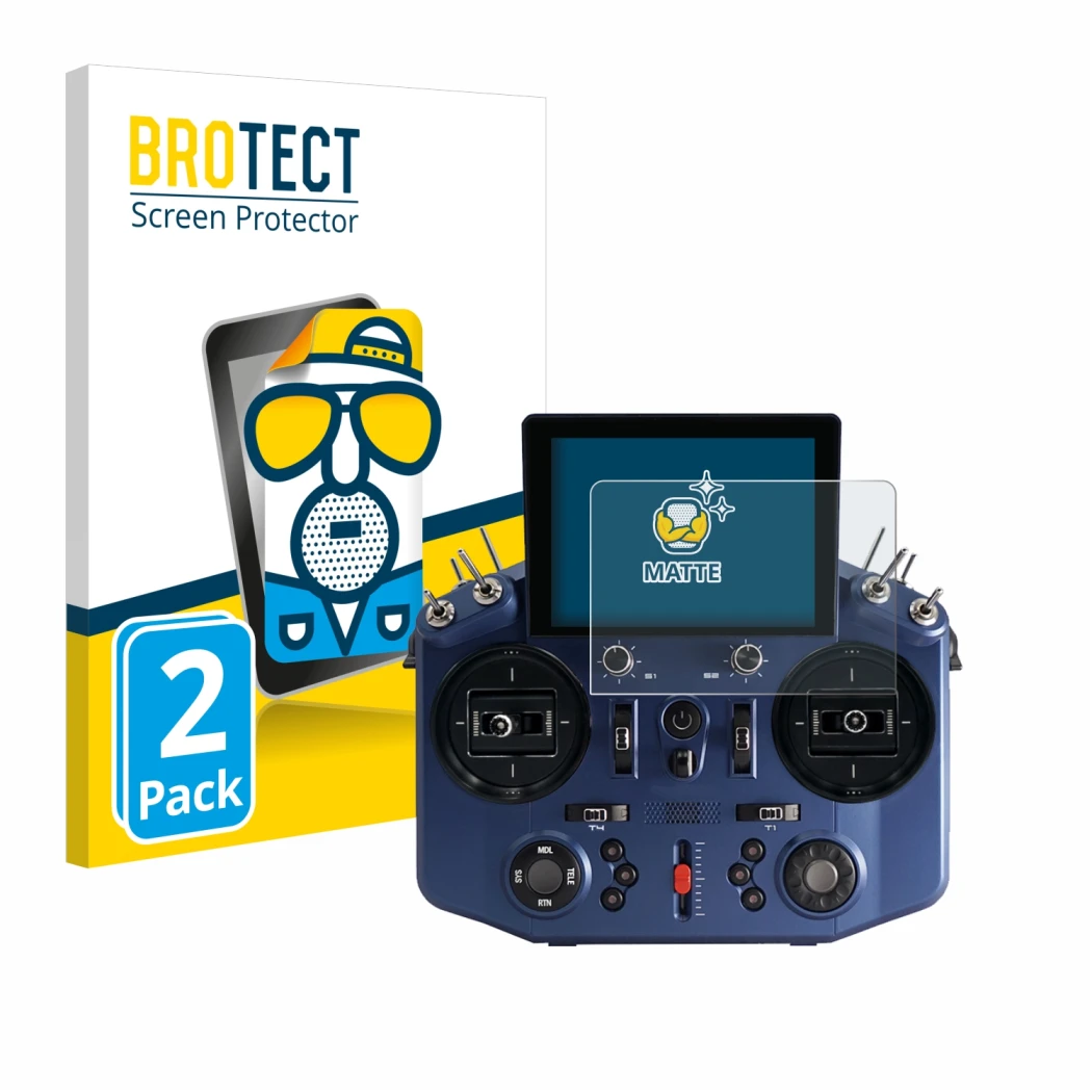 Parte frontal de un envase de producto con el logotipo de la marca BROTECT. Al lado se muestra el dispositivo FrSky Tandem X20