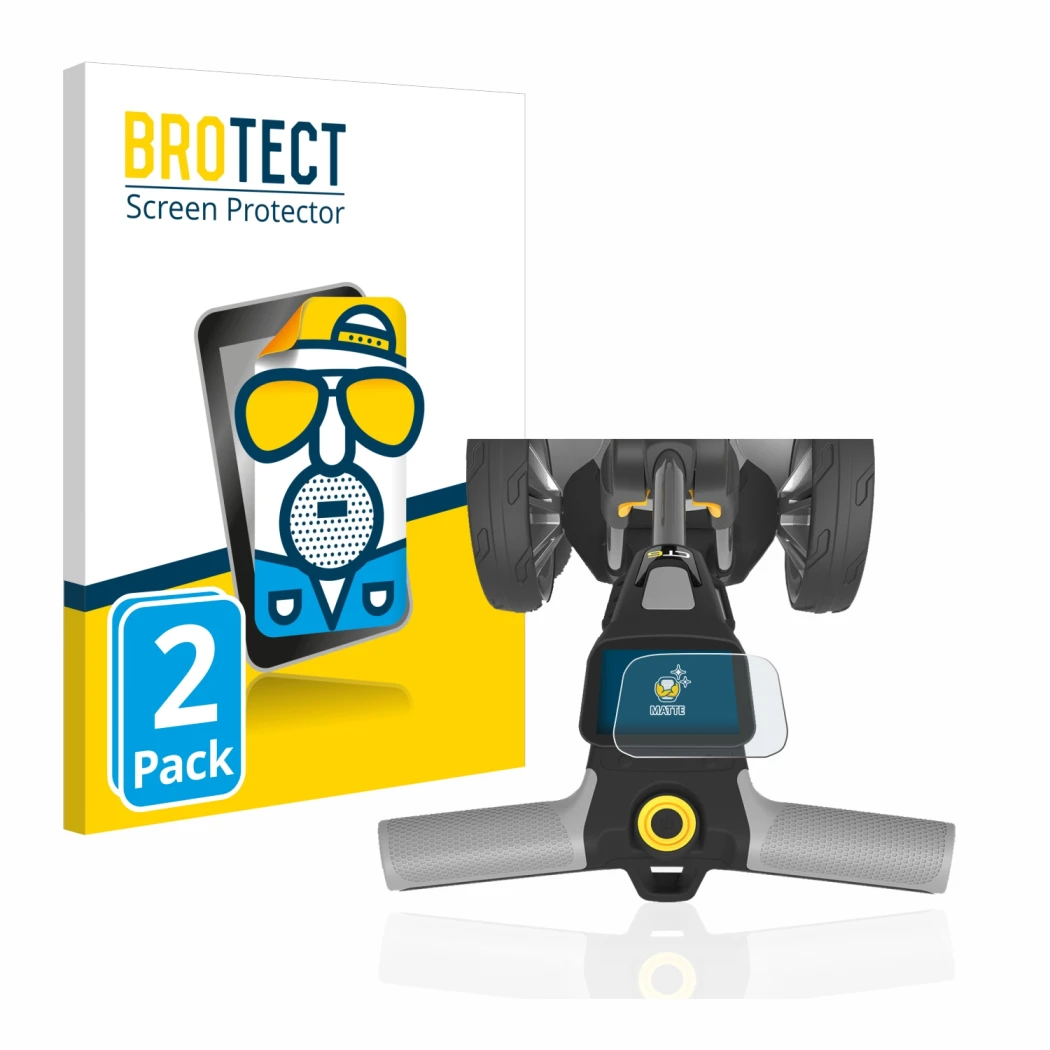 Parte frontal de un envase de producto con el logotipo de la marca BROTECT. Al lado se muestra el dispositivo PowaKaddy CT6 co