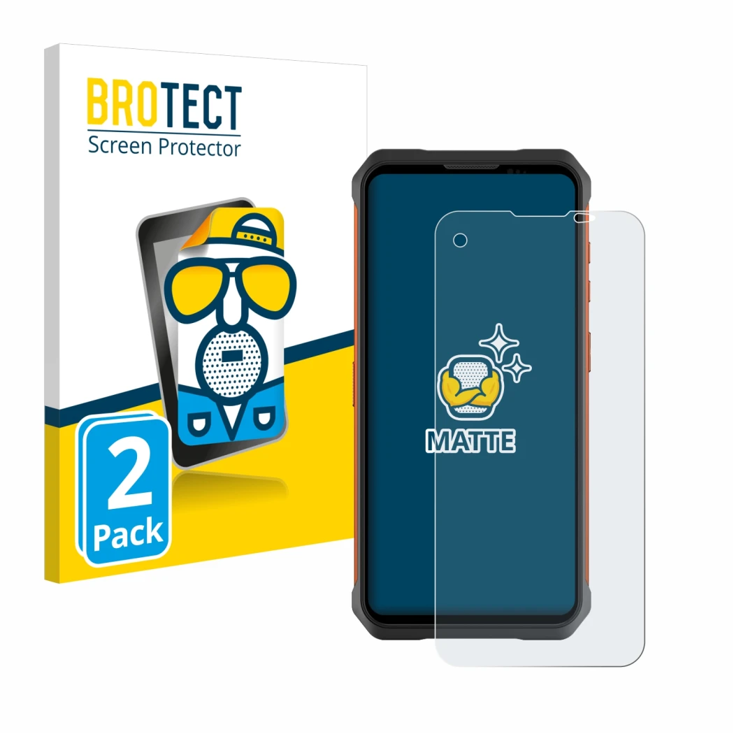 Parte frontal de un envase de producto con el logotipo de la marca BROTECT. Al lado se muestra el dispositivo Doogee V10 con s